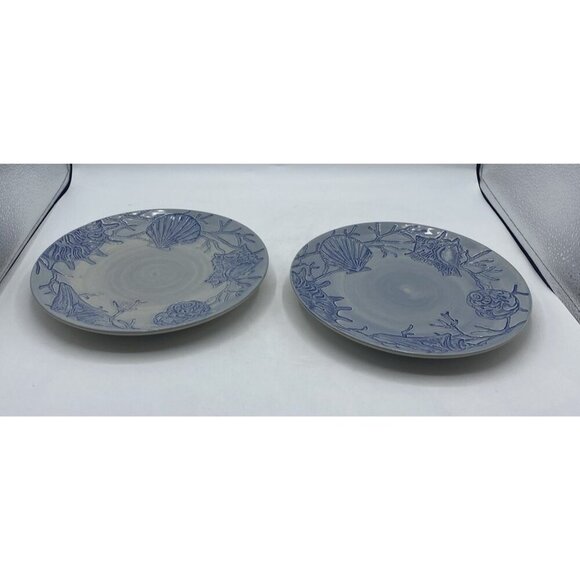 Pottery Barn Salad Plate Dessert Blue Shell Ocean Beach Coastal Coral  8" Lot 2 - Picture 3 of 13